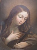 A 19TH CENTURY STUDY OF MADONNA HOLDING A CRUCIFIX, unsigned, oil on canvas, unframed, 52 x 41 cm