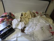 A BOXED OF EMBROIDERY TABLECLOTHS ETC