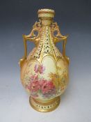 A LARGE ROYAL WORCESTER BLUSH IVORY TWIN HANDLED RETICULATED VASE, decorated with flowers, H 37 cm