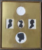 A 19TH CENTURY FRAMED SET OF SILHOUETTES ON PAPER, two rectangular, one circular, one oval and one
