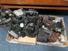 TWO TRAYS OF ASSORTED CAMERAS AND PHOTOGRAPHIC EQUIPMENT TO INCLUDE NIKON DIGITAL CAMERA,