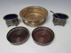 A SMALL PAIR OF HALLMARKED SILVER BOTTLE COASTERS - BIRMINGHAM 1973, Dia. 9.5 cm, along with a