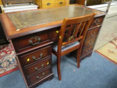 A REPRODUCTION MAHOGANY TWIN PEDESTAL DESK WITH CHAIR W- 122CM