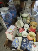 A TRAY OF ASSORTED CERAMICS TO INCLUDE A TRIAL TOBY JUG EXAMPLE, WEDGWOOD BLUE JASPERWARE, VASES ETC