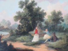 A LATE 18TH / EARLY 19TH CENTURY WOODED ORNAMENTAL GARDEN SCENE WITH FIGURES, unsigned, oil on