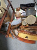 TWO TRAYS OF TREEN AND SUNDRIES TO INCLUDE WOODEN SPOON DISPLAY STANDS WITH SPOONS