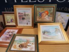 A SELECTION OF FRAMED HAND PAINTED CERAMIC PLAQUES