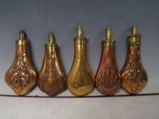 FIVE 19TH CENTURY COPPER AND BRASS SHOT FLASKS, average L 19 cm