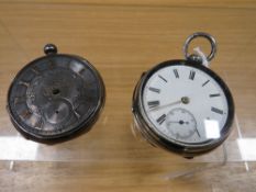 A HALLMARKED SILVER OPEN FACED MANUAL WIND POCKET WATCH TOGETHER WITH ANOTHER A/F (2)