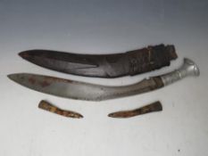 A GURKHA KUKRI KNIFE IN LEATHER COVERED SHEATH, and with two smaller knives, blade L 41 cm,