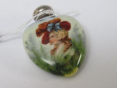 A HEART SHAPED PORCELAIN SCENT BOTTLE, with portrait of a lady and hallmarked silver top, 5.5 cm