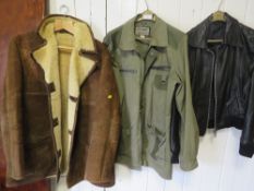 THREE ASSORTED COATS TO INCLUDE A LEATHER JACKET AND A SHEEPSKIN JACKET