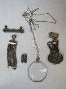 AN ANTIQUE CHINESE WHITE METAL WATCH CHAIN / CHATELAINE A/F, along with an Art Deco magnifying glass
