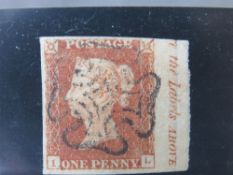 QV FINE USED 1D RED, imperf, plate 16, full black mx marginal inscription
