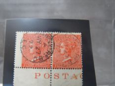 QV FINE USED PAIR OF 4D VERMILLION, plate 12, marginal inscription