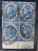 QV FINE USED BLOCK OF 4 2/ DEEP BLUE, great CDs, bottom margin showing part warrant number 285