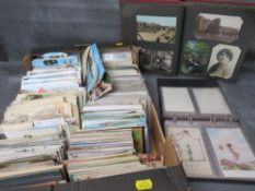 TWO VINTAGE POSTCARDS ALBUMS, together with a tray of loose postcards with many vintage examples
