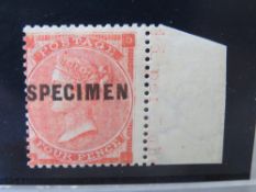 QV MINT 4D, small corner letters, sheet margin on right, OVERPRINTED 'specimen'
