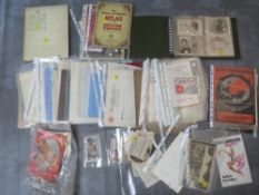 A TRAY OF VINTAGE EPHEMERA, to include photographs, postcards, collectors cards, deeds, sheet music,
