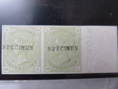 QV MINT 4D SAGE GREEN, plate 15, imperforate pair, sheet margin type P, 'SPECIMEN' overprint