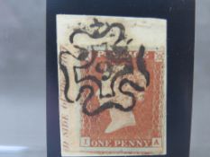 QV NICE 1D RED, imperf on piece, London number 9 in cross, marginal inscription