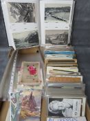 A TRAY CONTAINING VINTAGE POSTCARD ALBUM, plus loose vintage postcards