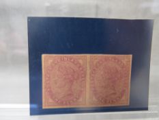 QV MINT 1D LILAC, imperf pair, tender essay on buff paper