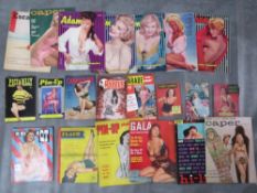 A TRAY CONTAINING 22 VINTAGE GLAMOUR MAGAZINES, to include 1950s examples, Flash, QT, Gala, Pin