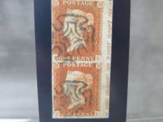 QV FINE USED 1D RED PAIR, plate 21, imperfs, with marginal inscription