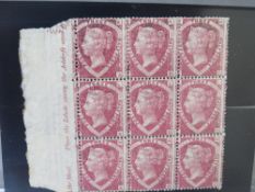 QV FINE BLOCK OF NINE 1 1/2D LAKE RED, plate 3, marginal inscription with part ornament