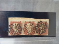 QV NICE STRIP OF 3 1D REDS, plate 9, imperfs with marginal inscription