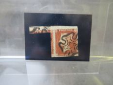 QV USED 1D RED PLATE 21, missing imprimatur, part marginal inscription