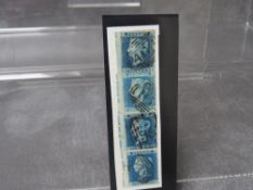 QV USED 1841 2D BLUE STRIP, plate 4, with marginal inscription on piece