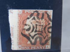 QV FINE USED 1D RED, imperf plate 11, black MX, marginal inscription showing 7o'clock ray flaw