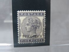 QV MINT 5D INDIGO, with 'SPECIMEN' overprint