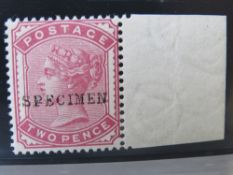 QV MINT 2D RED, overprinted 'SPECIMEN', type 9, marginal