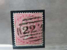 QV USED 4D CARMINE, wmk small garter, blued paper