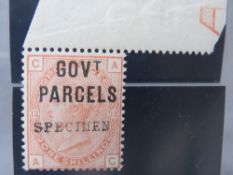 QV MINT 1/ ORANGE, marginal 'SPECIMEN' overprint type 9 with GOVt PARCELS overprint