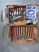 TWO TRAYS OF HORNBY DUBLO ITEMS, to include ten carriages, 33 pieces of rolling stock (tankers,