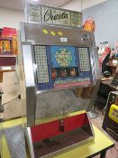 A VINTAGE CRESTA THREE REEL ONE ARM BANDIT, with light up sign above, H 84 cm, W 45 cm, D 33 cm