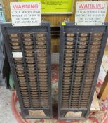 A PAIR OF CLOCKING IN CLOCK WOODEN WALL MOUNTED CARD RACKS, each with sign nailed to top edge,