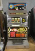 A VINTAGE ARISTOCRAT KINGSWAY HOT WHEELS 5p ONE ARMED BANDIT, three reel machine, H 79 cm