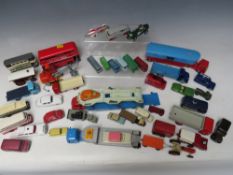 A TRAY OF PLAYWORN VEHICLES BY MAINLY CORGI, Lesney Triang etc., to include vintage examples,