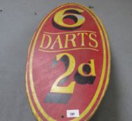 A VINTAGE WOODEN OVAL 'DARTS ADVERTISING GAME BOARD, H 76 cm