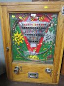 A RUFFLER & WALKER 'THE HAT TRICK' WALL MOUNTED PENNY ARCADE GAME, oak cased with glazed front,