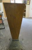 A VINTAGE OAK WEDGE SHAPED PEDESTAL, with cast iron foot, with central bolt fitting to top, H 88 cm