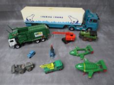 A TRAY CONTAINING VINTAGE DINKY COLES MOBILE CRANE, tinplate clockwork locomotive, large scale