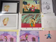 A GROUP OF ANIMATION CELLS TO INCLUDE THE FLINTSTONES ETC., plus a quantity of drawings by John