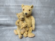A FAMILY OF THREE VINTAGE TEDDY BEARS, the tallest bear approx. H 54 cm, early 20th century straw