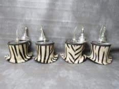 A SET OF FOUR UNUSUAL DESIGNER ZEBRA PATTERN TOP HAT PENDANT LIGHTS, in chrome and faux zebra fur
